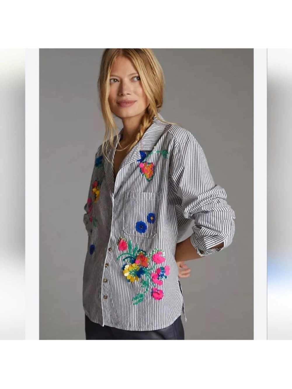 Anthropologie Black & White Striped Button-Down with Bright Floral Embroidery
